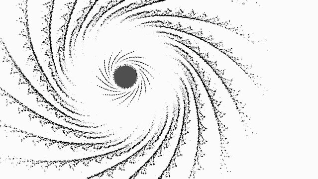 Abstract black particle swirling in a vortex motion creating a dynamic spiral pattern on a white background with a central focal point