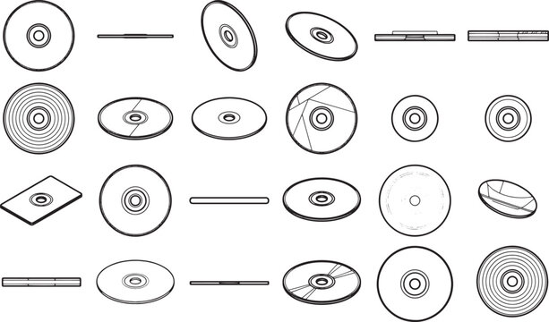 A collection of digitally rendered CD/DVDs, presenting a diverse array of perspectives in clean, black and white illustrations.
