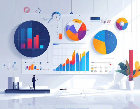Digital analytics charts and graphs displayed on wall