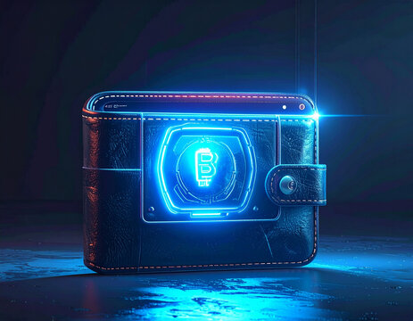 Digital Bitcoin Wallet with Neon Blue Glow