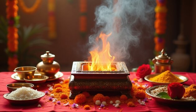 Sacred fire burns in ornate Havan kund on red cloth altar. Offerings like rice flowers turmeric create ritual setting. Hindu puja ceremony starts with holy smoke rising.