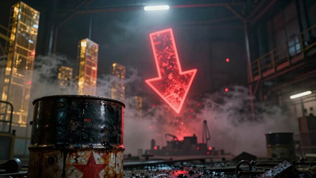 Cinematic Industrial Scene with Red Neon Downward Arrow and Smoke