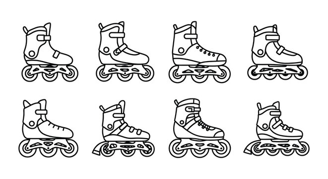 Roller skate line art icons set black and white