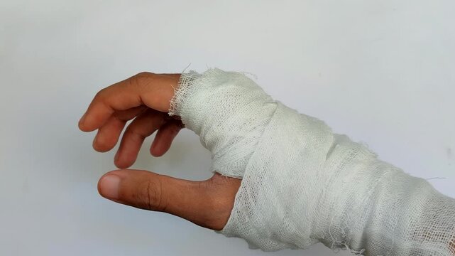 Hand wrapped in white medical bandage, first aid for injury, wound care and health recovery concept