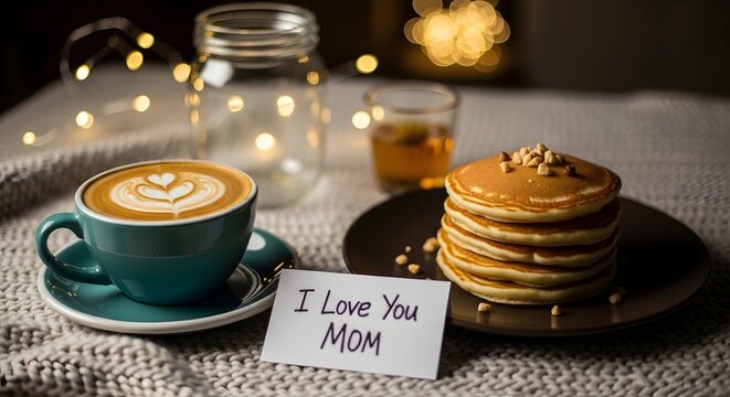 Breakfast for mom with pancakes, coffee, and i love you note