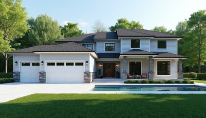 Naklejka premium Large modern house with pool and garage. Blue siding and stone accents give this residence a stylish look. Spacious yard features green grass and trees.