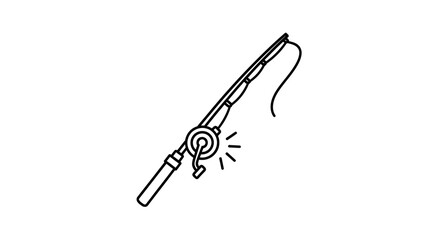 Obraz premium Fishing rod and reel icon, simple line art illustration, isolated on white background