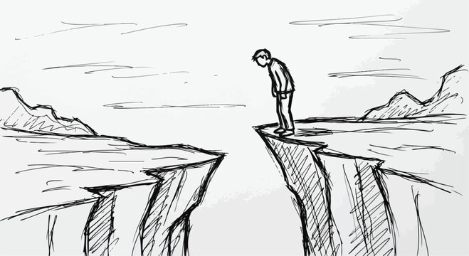 Hand drawn sketch of a lonely man standing on a cliff edge, concept of depression and mental health struggle, person facing a deep abyss