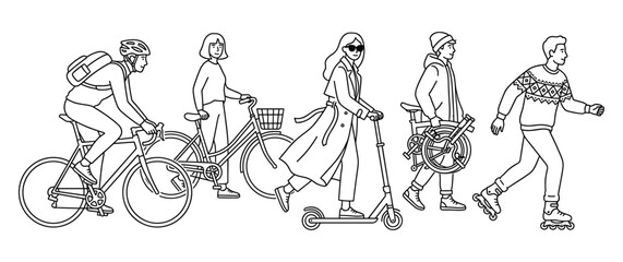 Fototapeta premium Diverse group of people using sustainable transport and enjoying outdoors.