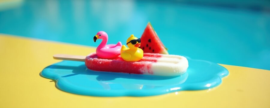 Cute yellow ducky and pink flamingo float on melting popsicle. Watermelon slice rests behind toys by pool. Summer fun, cooling treats, and poolside relaxation.