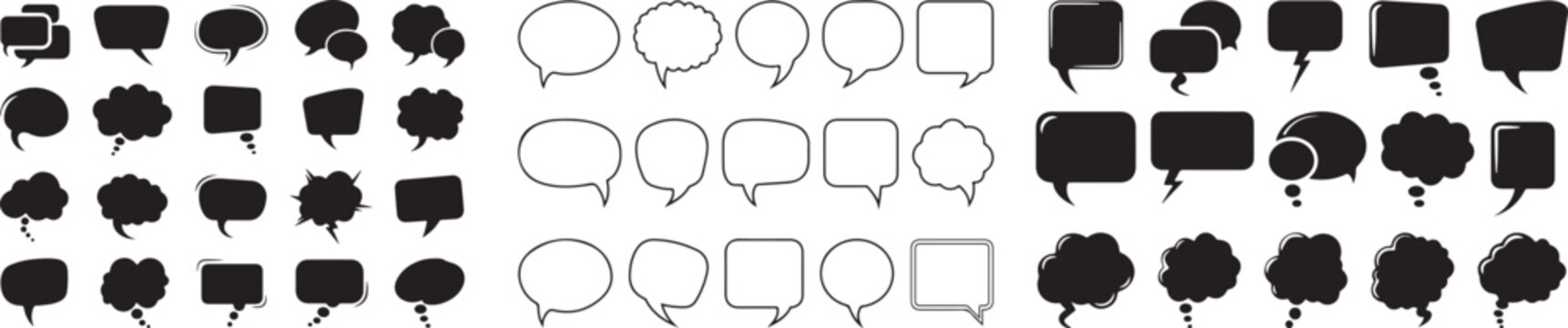A comprehensive collection of diverse speech bubbles and thought balloons in black and outline styles for comic, chat, and graphic design.