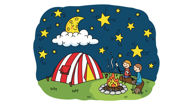 Cartoon camping night scene with children, red and white striped tent under starry sky, kids roasting marshmallows by campfire, whimsical vector illustration