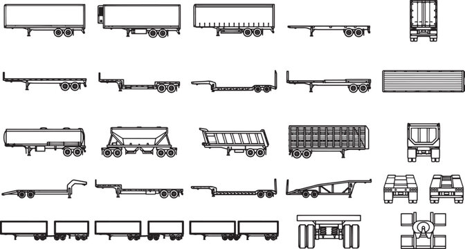 Various types of trailers and transport vehicles presented in an illustrative format, ideal for conveying concepts related to cargo, logistics, and transportation.
