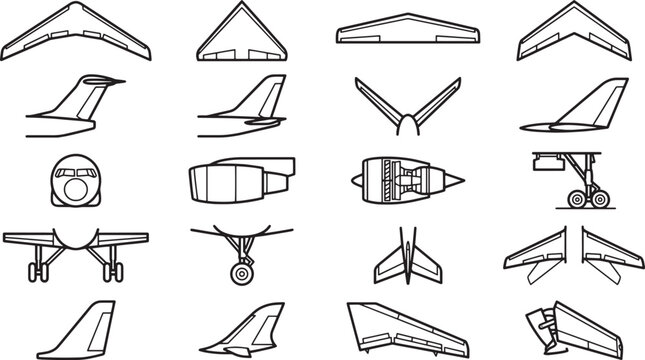 Aircraft design element illustration for technical documentation or design purposes, showcasing an array of components and structures used in the aviation industry.