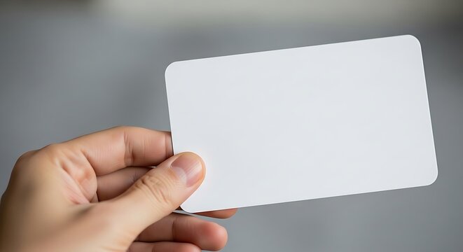 Hand holding blank white business card mockup on blurred background