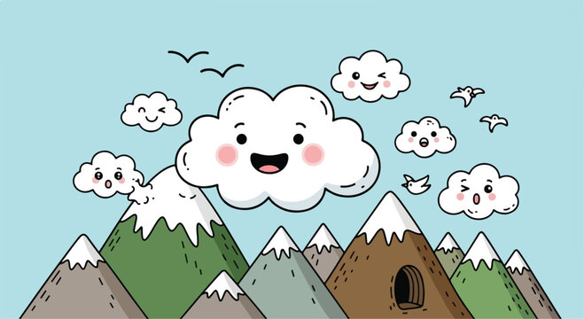 Whimsical mountain landscape, cartoon clouds, smiling face, green peaks, snowy mountains