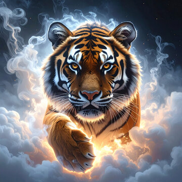 Fierce Tiger emerging from clouds with glowing light