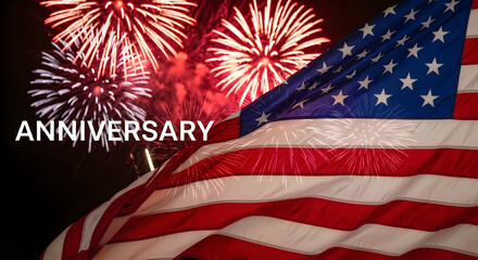 Fototapeta premium American flag waving with bright fireworks for national anniversary