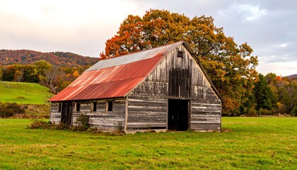 Fototapeta premium Rustic weathered barn with a red roof set in a vibrant fall landscape. Rolling green pasture, colorful trees, and mountains