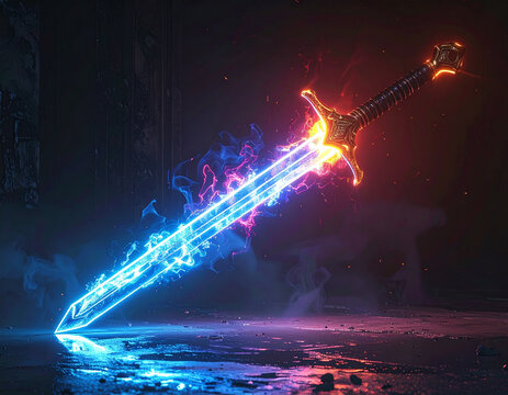 Fiery and icy sword with glowing energy trails in dark setting