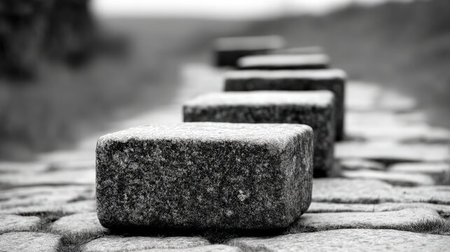 Close-up black and white photo of a stone block on a cobblestone path, with a blurred background of several similar blocks in a row.