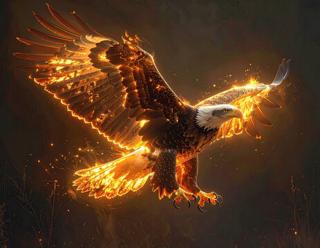 Fiery Bald Eagle Soaring with Glowing Wings
