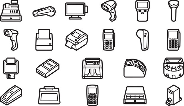 A comprehensive array of point-of-sale system equipment. A set of illustrative icons showcasing various point of sale devices.