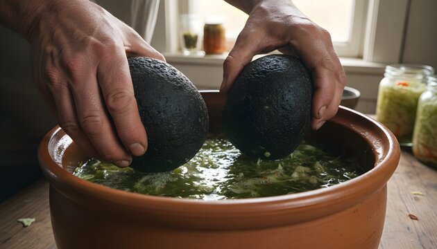 Close-up of a person's hands placing two heavy dark stones as weights into a ceramic fermentation crock filled with shredded green vegetables and brine in a rustic kitchen setting.