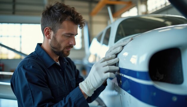 Aircraft mechanic with gloves carefully checks small plane exterior in hangar. Technician performs expert visual inspection of fuselage and wing surface.