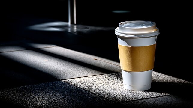 Coffee Cup on Urban Pavement with Shadows and Light Play