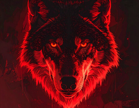 Fiery Wolf Portrait Red Glowing Eyes Dark Background