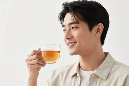 Young man smiles warmly while holding a glass of tea.
