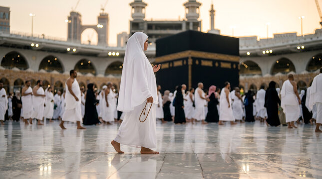 Muslim Woman in White Hijab Walking Near Holy Kaaba in Masjid Al Haram Makkah