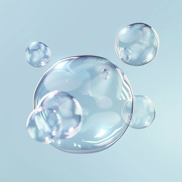 3d floating water bubbles, transparent glossy spheres, soft blue gradient background, clean minimal style, copy space.
