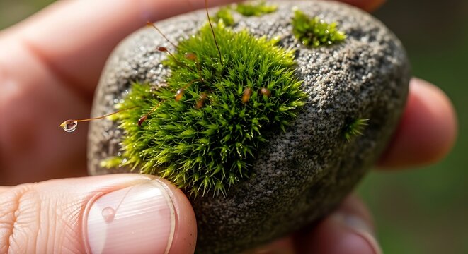 Macro of Green Moss with Water Droplet on Stone Held by Fingers