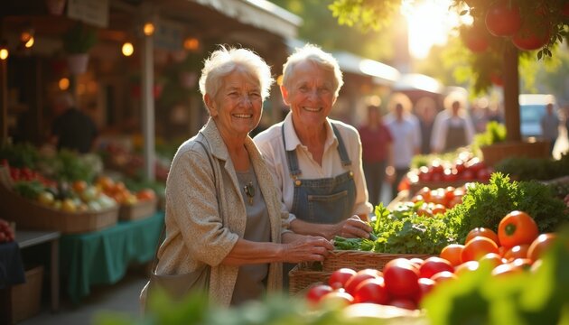 Happy elderly couple shops for fresh produce at outdoor farmers market on sunny day. Seniors pick ripe vegetables and green lettuce. They enjoy local food shopping and each other.