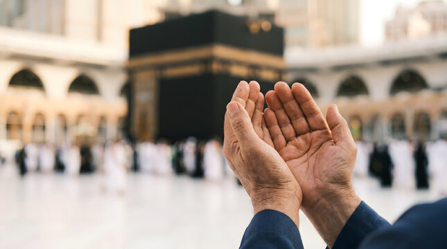 Spiritual Dua Prayer Hands with Kaaba in Soft Bokeh View