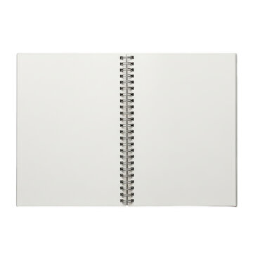 Open blank notebook with metal spiral binding isolated on transparent background for writing notes and creative ideas.