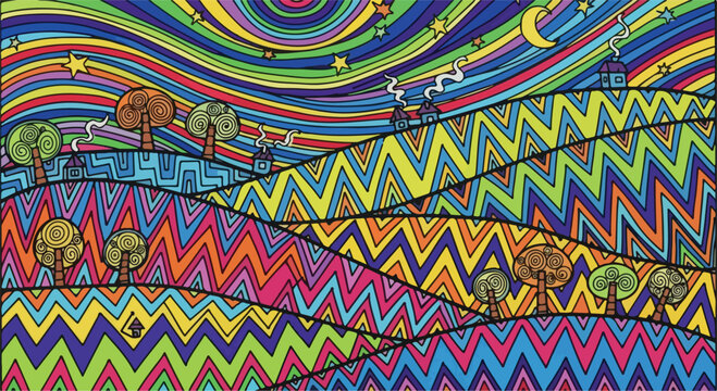 Psychedelic landscape vector illustration, vibrant trippy rolling hills with zigzag patterns, colorful surreal night sky with moon and stars