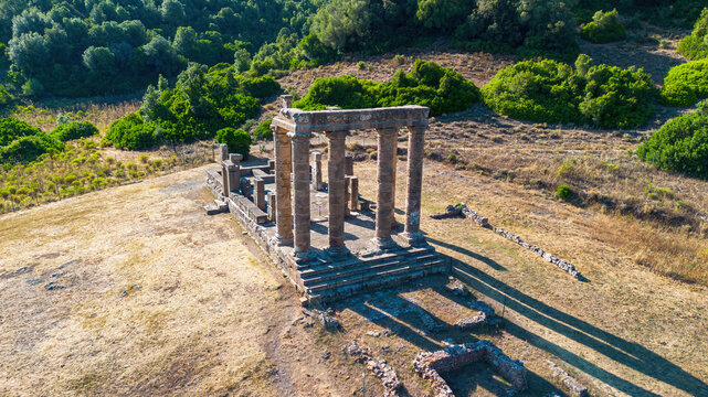 Aerial view of the Temple of Antas, a Roman-Punic sanctuary with standing columns in a mountain valley, Fluminimaggiore, Sardinia, Italy