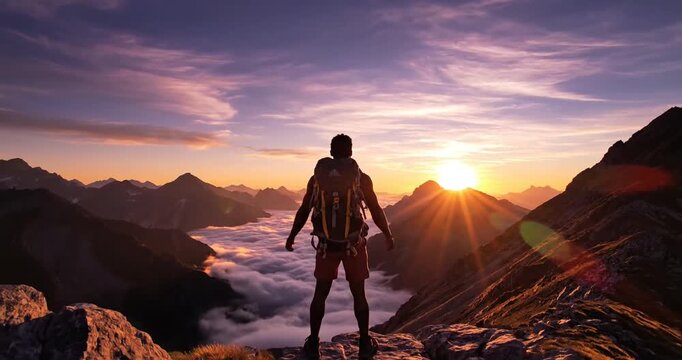 Hiker Standing on Rocky Outcrop Overlooking Misty Valley at Sunrise in Majestic Mountains