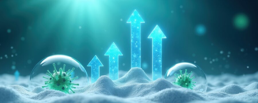 Viruses grow in bubbles with rising arrows indicating progression. Research shows microbial spread and increasing impact. Science studies infection trends and population health.