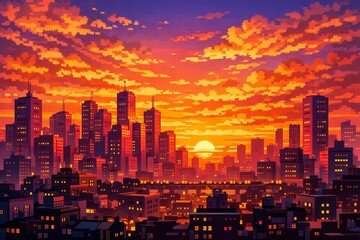 Obraz premium Nostalgic retro pixel art style landscape featuring a densely packed glowing city skyline under a dramatic vibrant orange sunset sky ideal for gaming backgrounds.