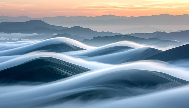 Ethereal Fog Rolling Over Hilly Landscape at Sunrise