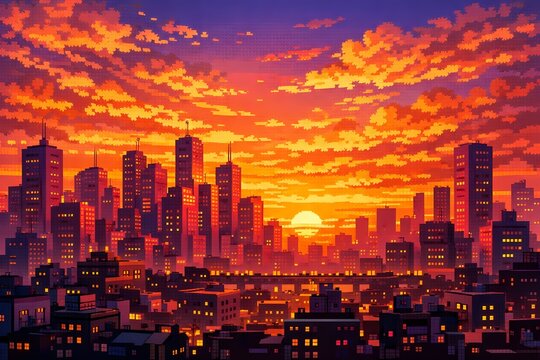 Nostalgic retro pixel art style landscape featuring a densely packed glowing city skyline under a dramatic vibrant orange sunset sky ideal for gaming backgrounds.