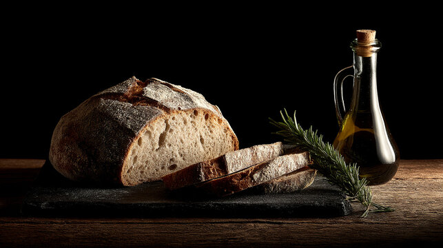 Sliced artisanal crusty bread with glass bottle of olive oil and rosemary on slate board