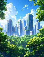 Fototapeta premium Futuristic cityscape with lush greenery and skyscrapers.