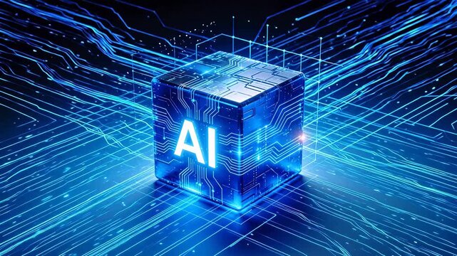 AI technology cube with glowing circuits