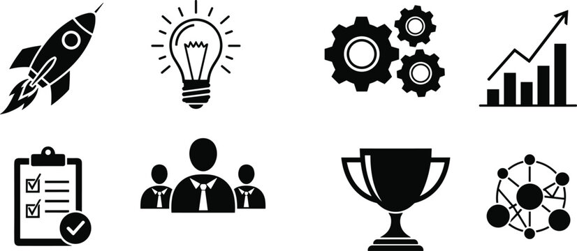 Business startup success icons black silhouette rocket idea bulb gears growth chart checklist team trophy network.