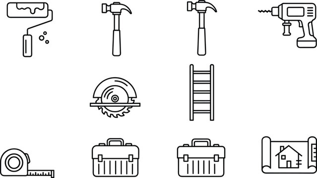Construction tool icon set including paint roller hammer drill circular saw ladder measuring tape and tool box.